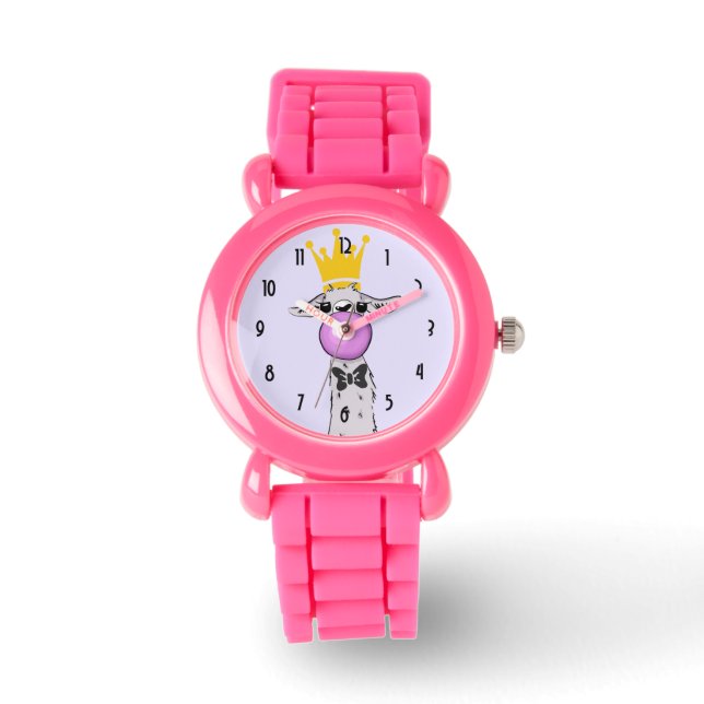 Funny Llama Illustration Blowing a Pink Bubble Watch (Front)