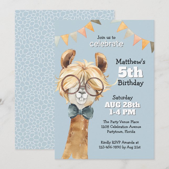 Funny Llama in Glasses Kid's Birthday Party Invitation (Front/Back)