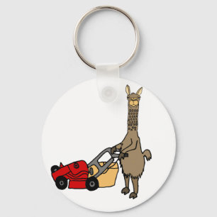 Funny Llama Pushing Lawn Mower Cartoon Key Ring