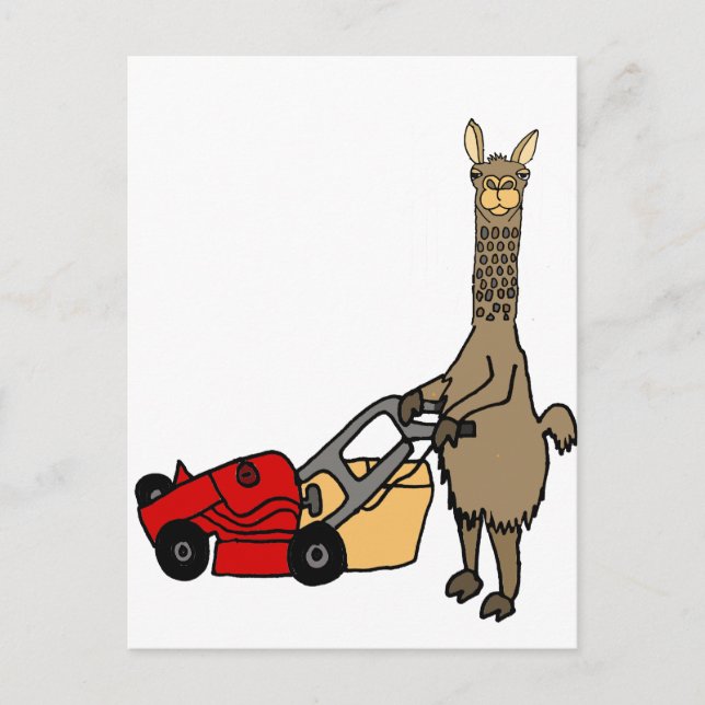 Funny Llama Pushing Lawn Mower Cartoon Postcard (Front)