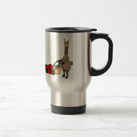 Funny Llama Pushing Lawn Mower Cartoon Travel Mug