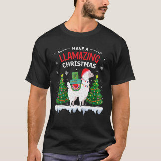 Funny Llama Santa Hat Christmas Pyjamas Alpaca Lla T-Shirt