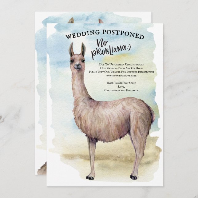 Funny Llama Watercolor Wedding Postponed Invitation (Front/Back)