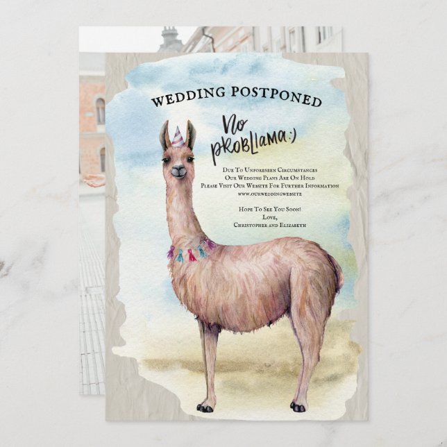 Funny Llama Wedding Photo Postponed Date Change Invitation (Front/Back)