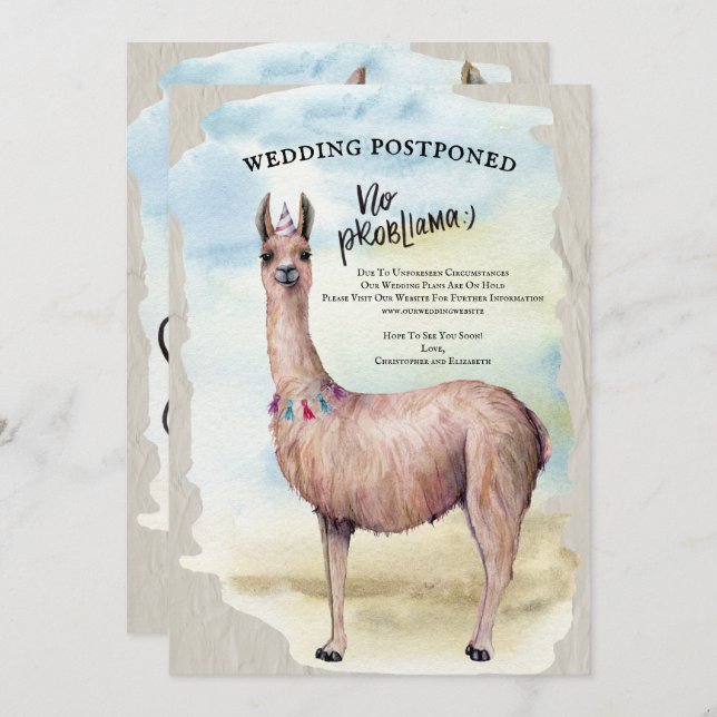 Funny Llama Wedding Postponed Date Change Invitation (Front/Back)