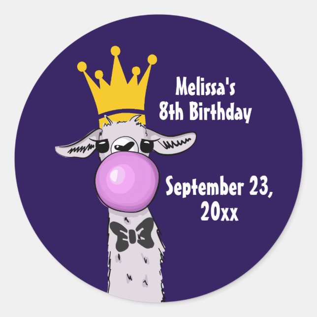 Funny Llama with Pink Bubble Birthday Classic Round Sticker (Front)