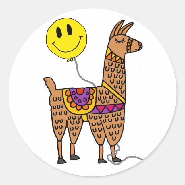 Funny Llama with Smiley Face Balloon Cartoon Classic Round Sticker (Front)