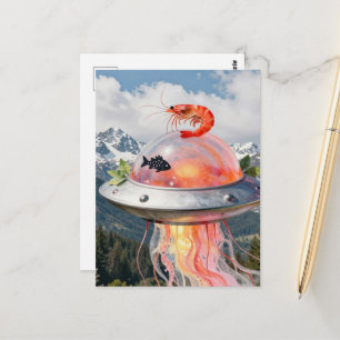 Funny Lobster Fish Surreal Jellyfish UFO Collage Postcard