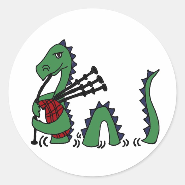 Funny Loch Ness Monster Playing Bagpipes Classic Round Sticker (Front)