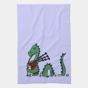 Funny Loch Ness Monster Playing Bagpipes Tea Towel
