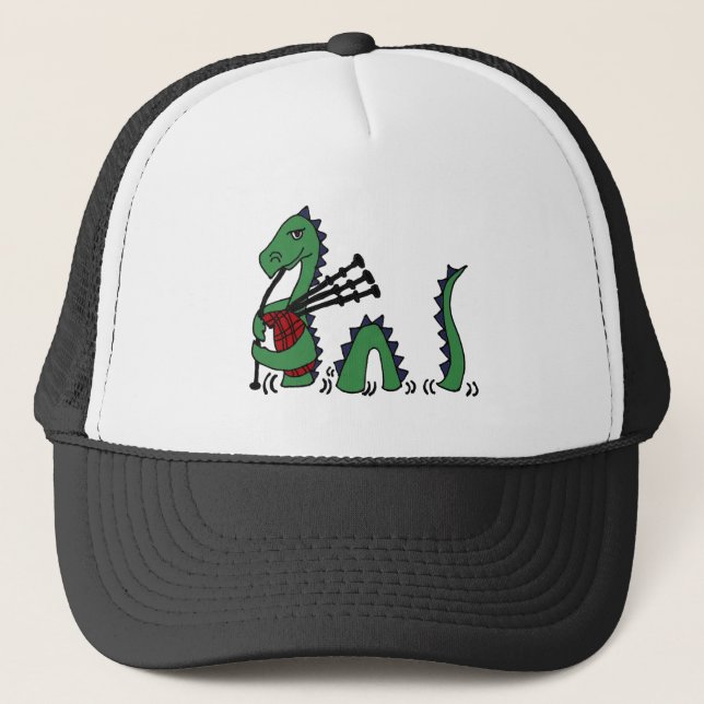 Funny Loch Ness Monster Playing Bagpipes Trucker Hat (Front)