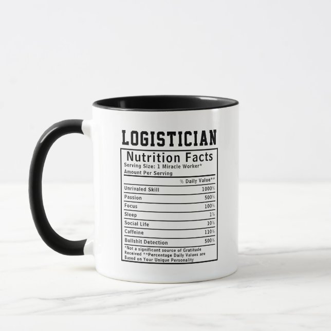 Funny Logistician Nutrition Facts Coordinator Gift Mug (Left)