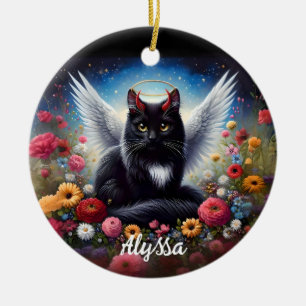 Funny Long Haired Black Demon and Angel Cat  Ceramic Ornament