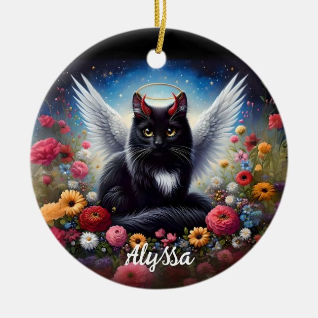 Funny Long Haired Black Demon and Angel Cat  Ceramic Ornament (Front)