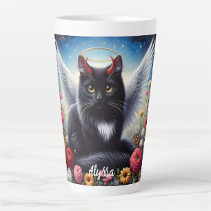 Funny Long Haired Black Demon and Angel Cat Latte Mug