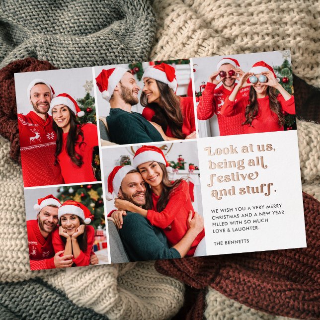 Funny Look at Us 5 Photo Collage Christmas Foil Holiday Card (Creator Uploaded)