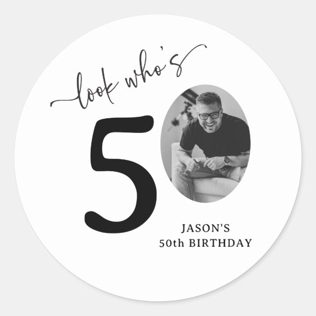 Funny 'Look Who's 50' Stylish 50th Birthday Classic Round Sticker (Front)