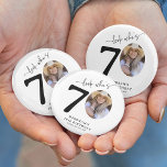 Funny 'Look Who's 70' Stylish 70th Birthday 6 Cm Round Badge<br><div class="desc">Celebrate seventy years in style with our Look Who's 70 Milestone Button! Featuring a photo of the birthday person as the '0' in their age, this customisable button is a unique way to make them feel special. Our elegant calligraphy and personalised details, including their name, age, location, and year, make...</div>