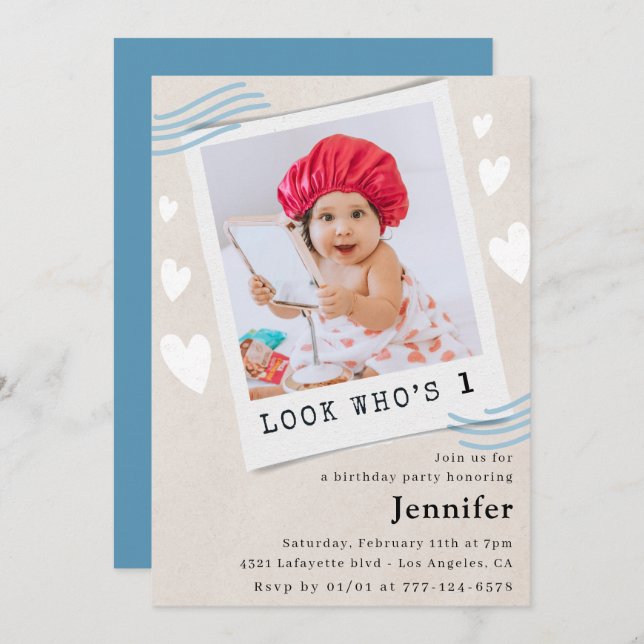 Funny Look who's turning 1st birthday invitations (Front/Back)
