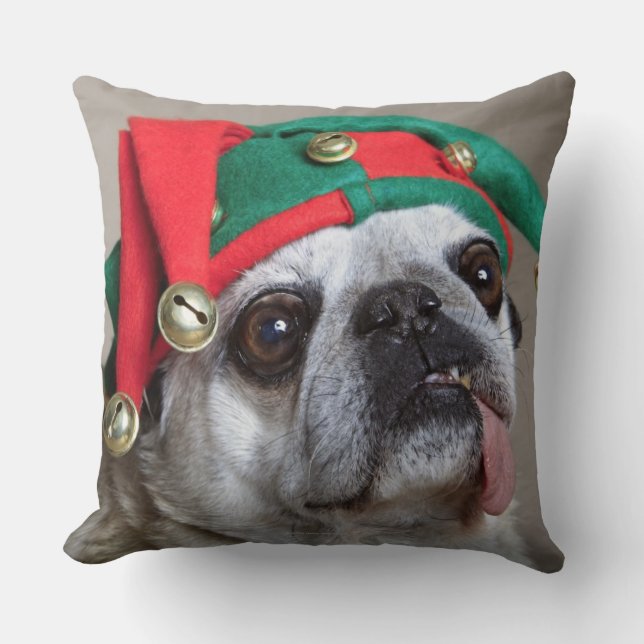 Funny looking pug with tongue hanging out cushion (Front)