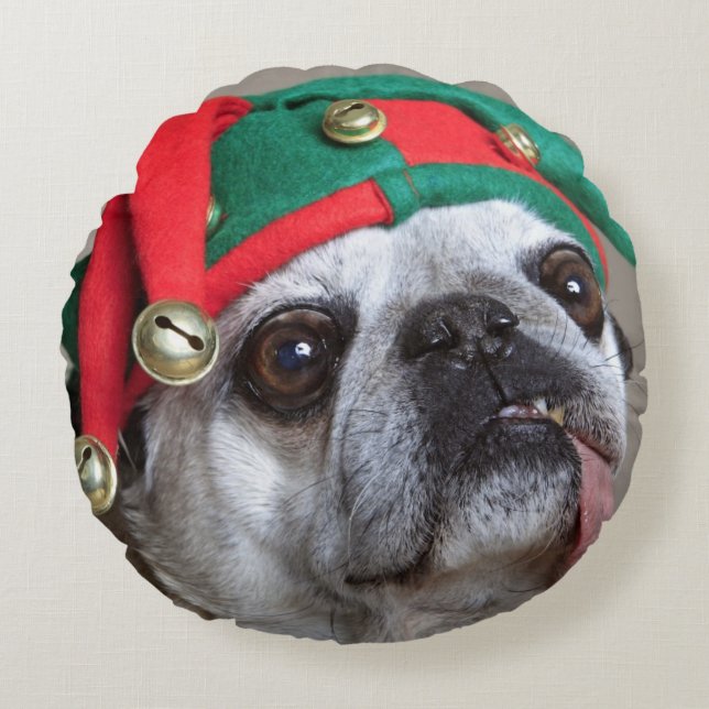 Funny looking pug with tongue hanging out round cushion (Front)