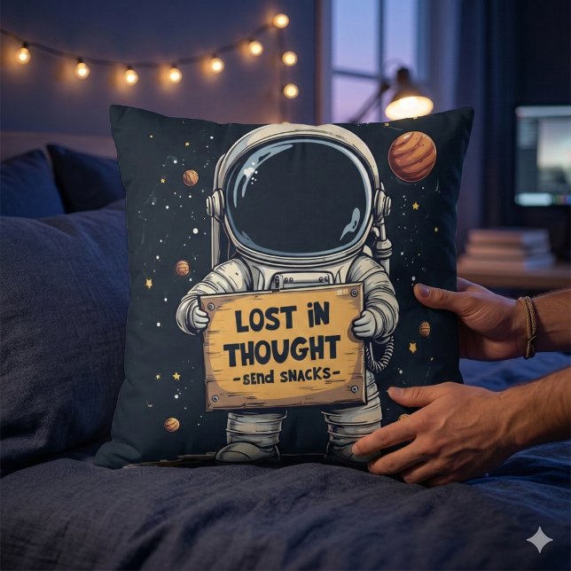 Funny Lost in Thought Astronaut Space Illustration Cushion (Funny Lost in Thought Astronaut Space Illustration Throw Pillow Mockup E)
