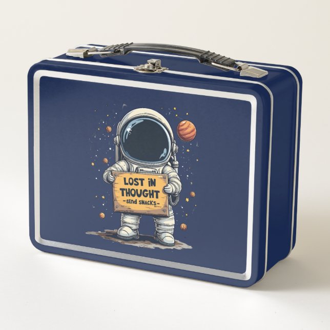 Funny Lost in Thought Astronaut Space Illustration Metal Lunch Box (Front)