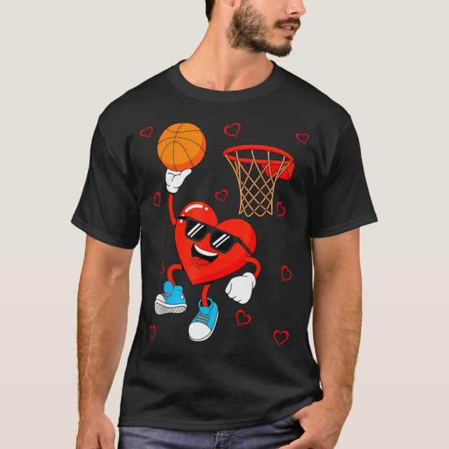 Funny Love Basketball Heart Shape Happy Valentine' T-Shirt (Front)
