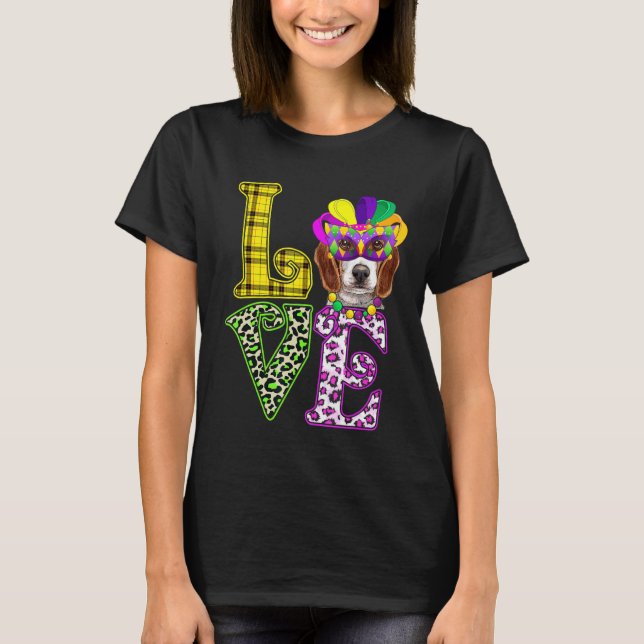 Funny Love Mardi Gras Beagle Dog Dad Dog Mum T-Shirt (Front)