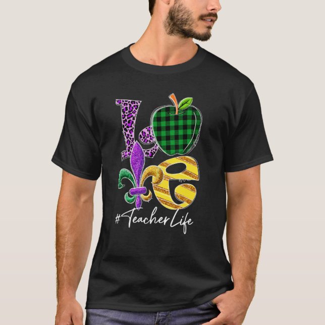 Funny Love Teacher Leopard Mardi Gras Carnival Par T-Shirt (Front)