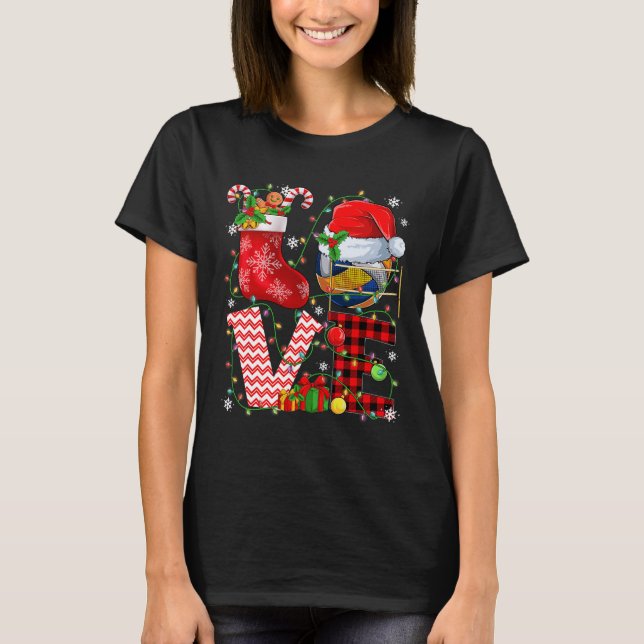 Funny Love Volleyball Ball Santa Hat Christmas Lig T-Shirt (Front)