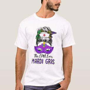 Funny LPN Nurse Leopard Messy Bun Mardi Gras Carni T-Shirt
