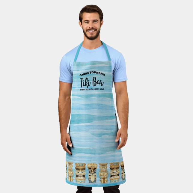 Funny Luau Tiki Bar Beach Barbecue Monogram Name Apron (Worn)