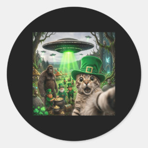 Funny Lucky Cat Leprechaun UFO Selfie St Patricks Classic Round Sticker