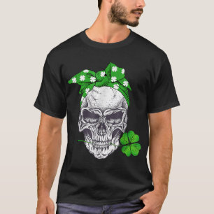 Funny Lucky Skull Messy Bun Happy St Patricks Day T-Shirt