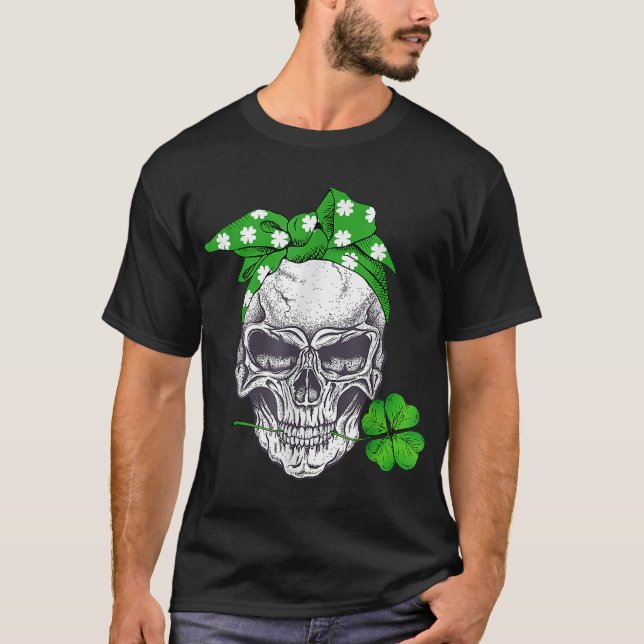 Funny Lucky Skull Messy Bun Happy St Patricks Day  T-Shirt (Front)