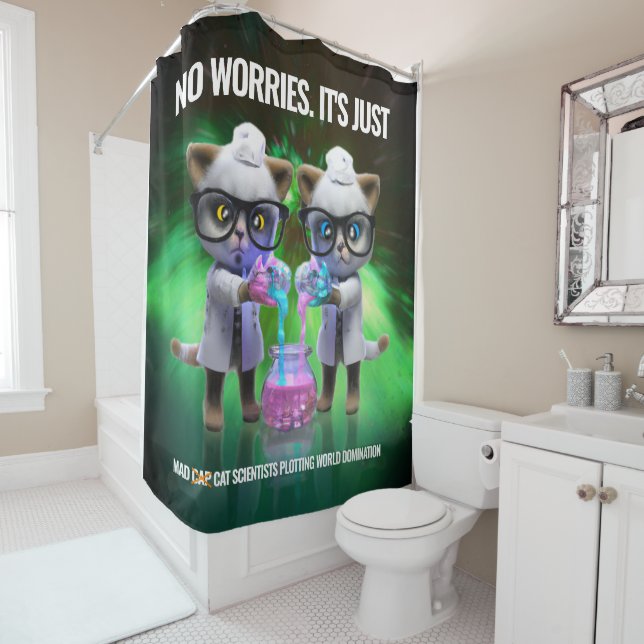 Funny Mad Cat Scientists Plotting World Domination Shower Curtain (In Situ)