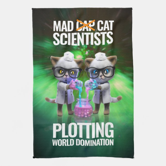 Funny Mad Cat Scientists Plotting World Domination Tea Towel (Vertical)