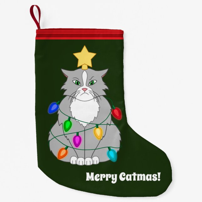 Funny Mad Christmas Tree Cat in Colourful Lights Small Christmas Stocking (Front)