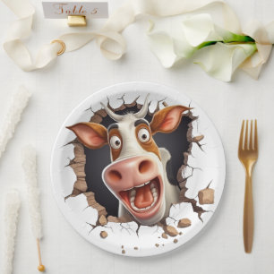 Funny mad cow cartoon face farmers country joke paper plate