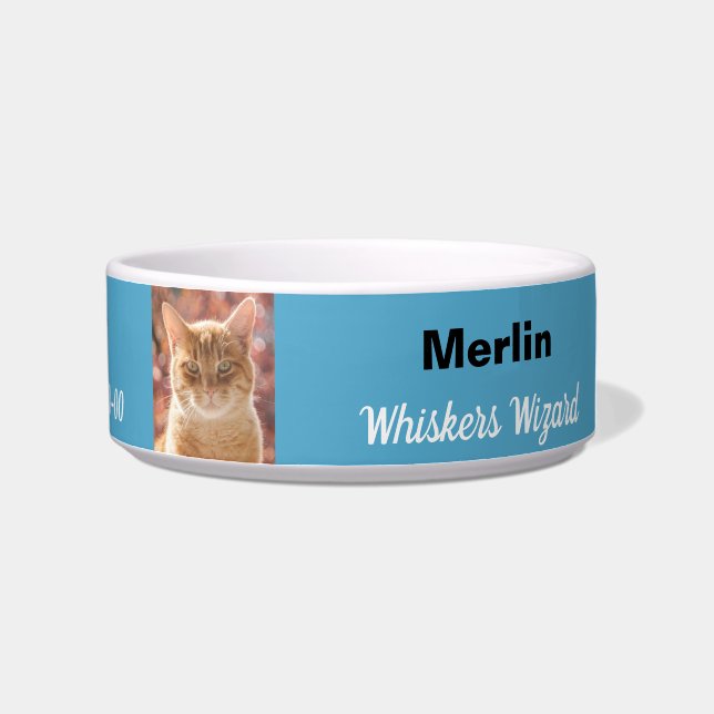 Funny Magical Whiskers Wizard Birthday Blue Cat Bowl (Right)