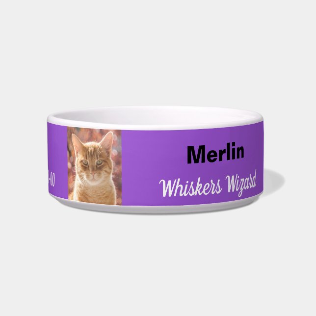 Funny Magical Whiskers Wizard Birthday Purple Cat Bowl (Right)