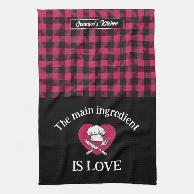 Funny Main Ingredient is Love Red Black Plaid Tea Towel (Vertical)