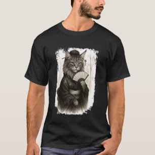 Funny Maine Coon Cat Geisha with Kimono. Japan Des T-Shirt