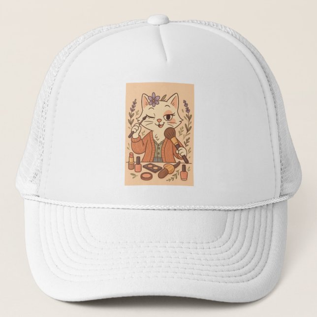 Funny Makeup Cat Hat - Cute Cartoon Cap for Her (Front)