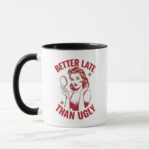 funny makeup pun, glam girl humour, late but fabul mug