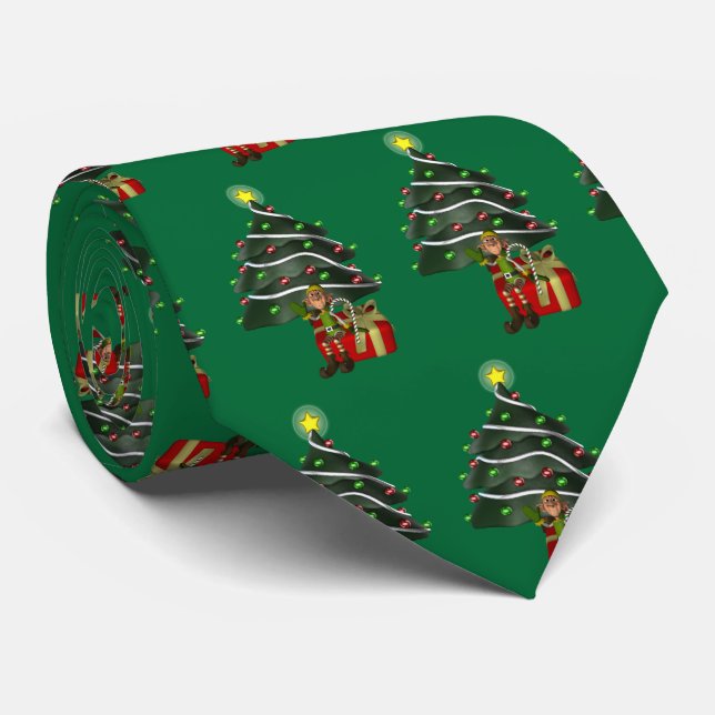 Funny Male Elf Christmas Tree Holiday Tie (Rolled)