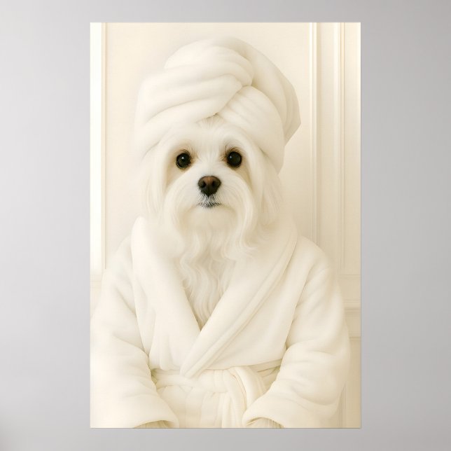 Funny Maltese Bathroom Print, Maltese In Bathrobe Poster (Front)