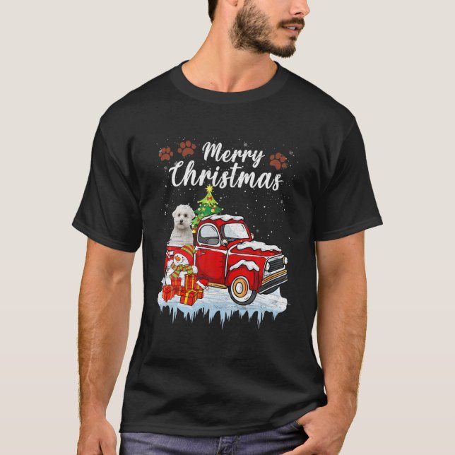 Funny Maltese Dog Snow Red Truck Christmas Xmas Tr T-Shirt (Front)