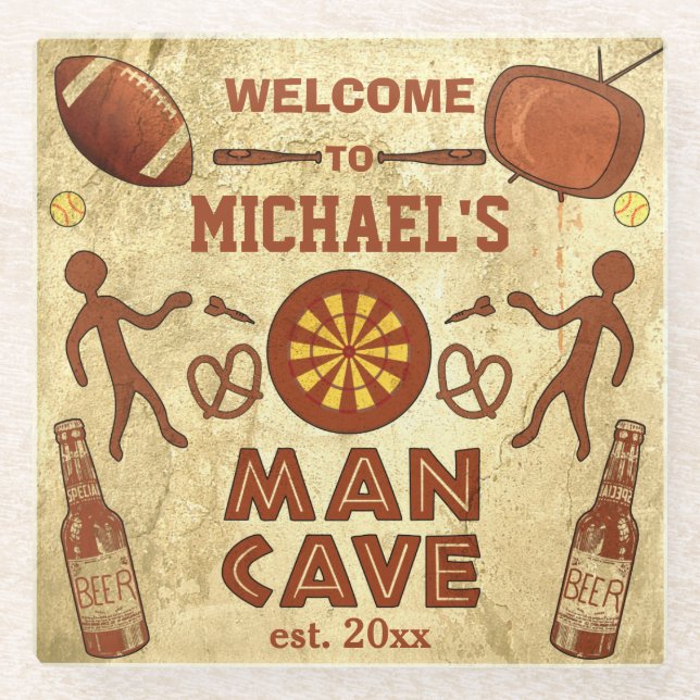 Funny Man Cave Custom Name : Beer Darts Sports TV Glass Coaster (Front)